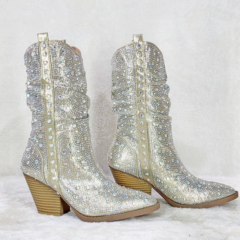 Angel Riders Rhinestones Country Glam Western Cowgirl Slouch Calf Boots - Picture 9 of 14